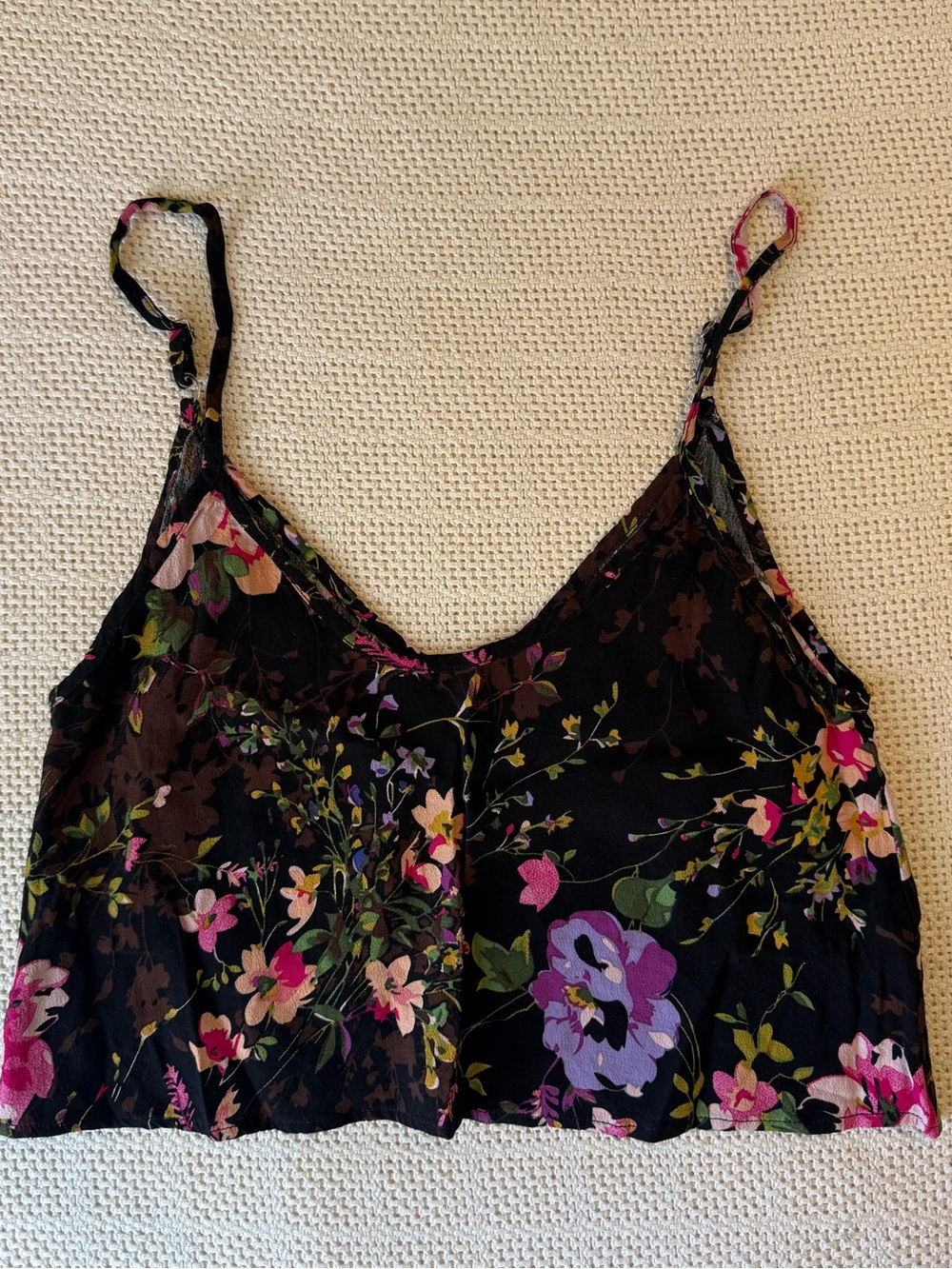 Flynn Skye Floral Black Cropped Cami Top with Pink & Purple Blooms XS